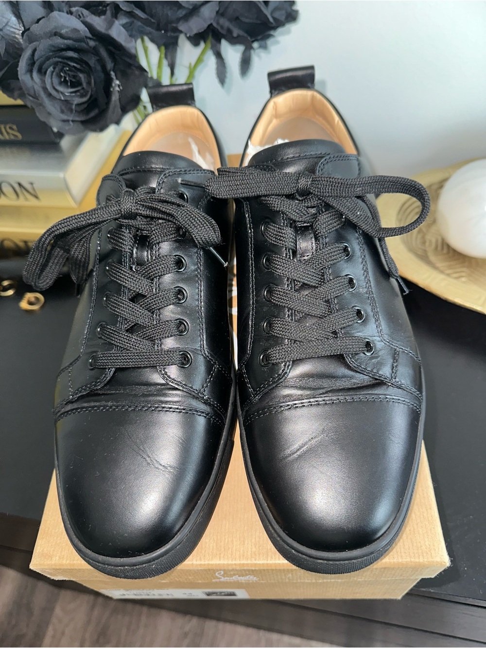 Christian Louboutin- Louis Flat Calf- Men's Black Leather Lace-Up Sneakers